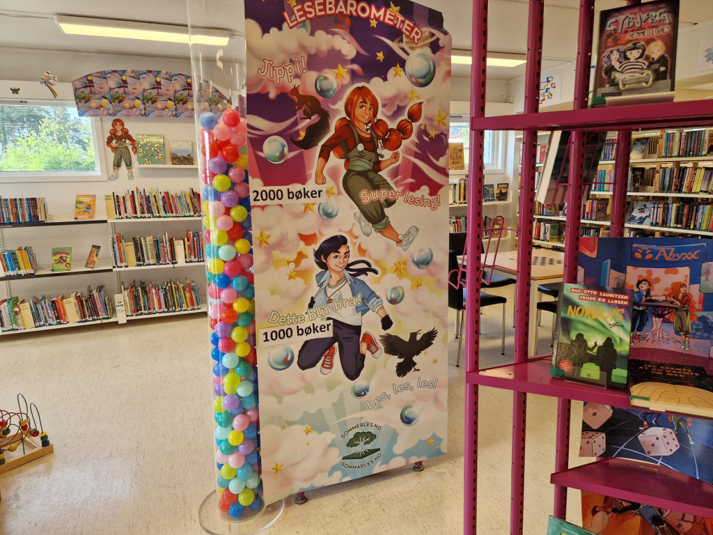 Fargede baller i sylinder og plakat med lesebarometer for Sommerles.