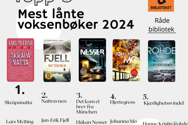 Plakat med bilde av de 5 mest lånte bøkene for voksne i 2024