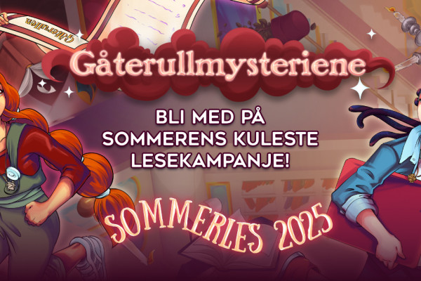 Plakat med teksten "Gåterullmysteriene" og informasjon om årets sommerles på rød bakgrunn og tegning av en "papirrull" og figurene Astrid og Asbjørn