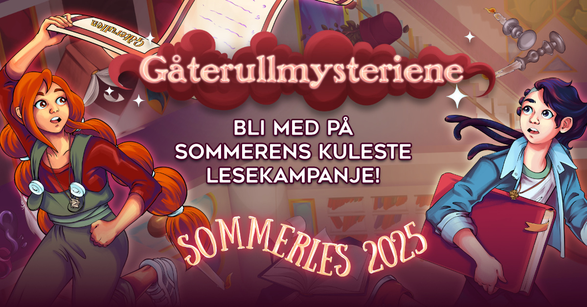 Plakat med teksten "Gåterullmysteriene" og informasjon om årets sommerles på rød bakgrunn og tegning av en "papirrull" og figurene Astrid og Asbjørn