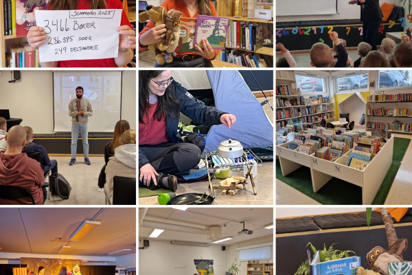 Bilde sammensatt av 9 ulike bilder for å oppsummere bibliotekåret 2025. Bilde fra lesestund, forfatterbesøk etc.