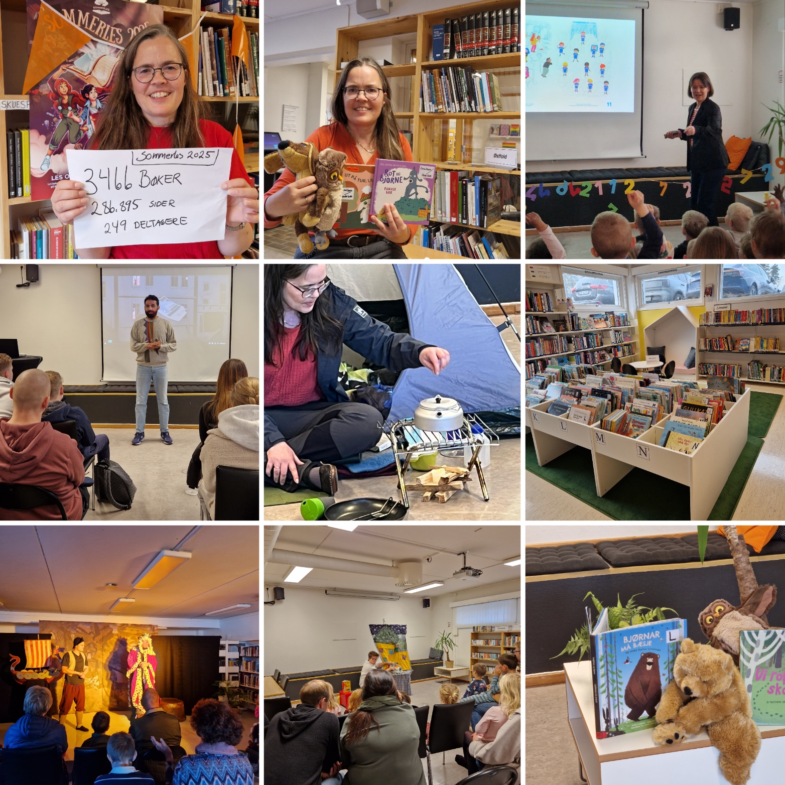 Bilde sammensatt av 9 ulike bilder for å oppsummere bibliotekåret 2025. Bilde fra lesestund, forfatterbesøk etc.