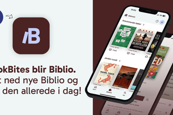 Informasjons-banner med tekst: BookBites blir Bibliot og bilde av smarttelefon med bilde av bøker i appen Biblio