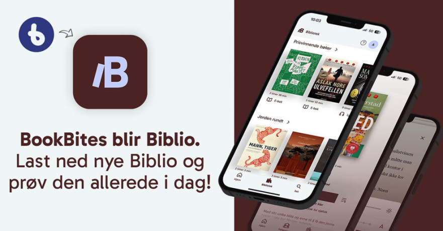Informasjons-banner med tekst: BookBites blir Bibliot og bilde av smarttelefon med bilde av bøker i appen Biblio