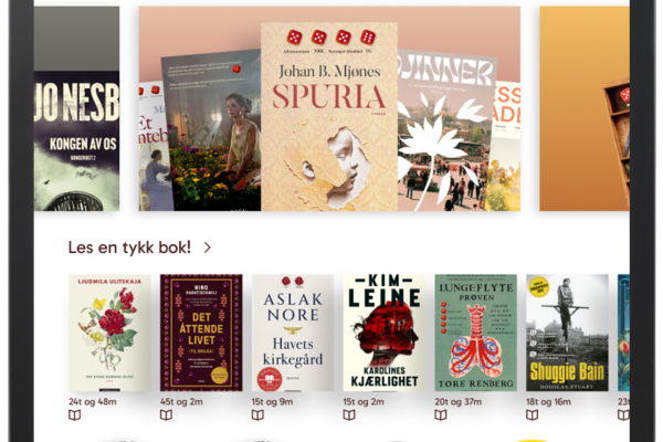 nettbrett med bilder av bøker i Biblio-appen