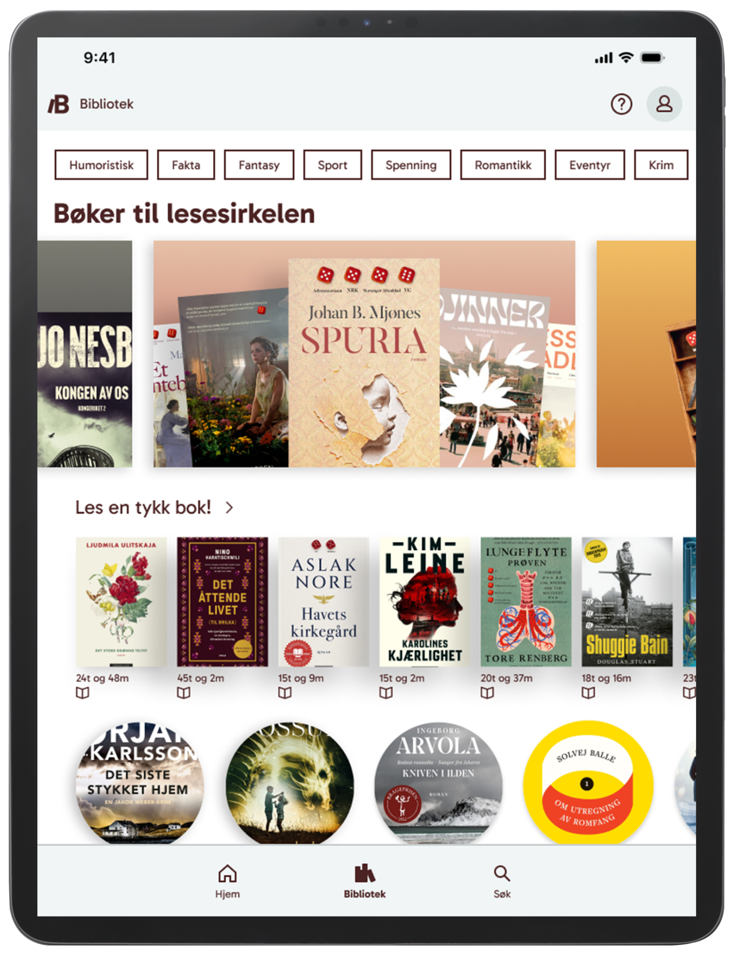 nettbrett med bilder av bøker i Biblio-appen