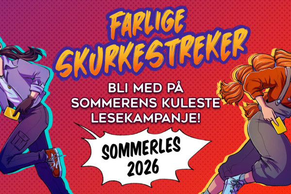 plakat med tekst på røde bakgrunn, tegninger av figurer fra Sommerles