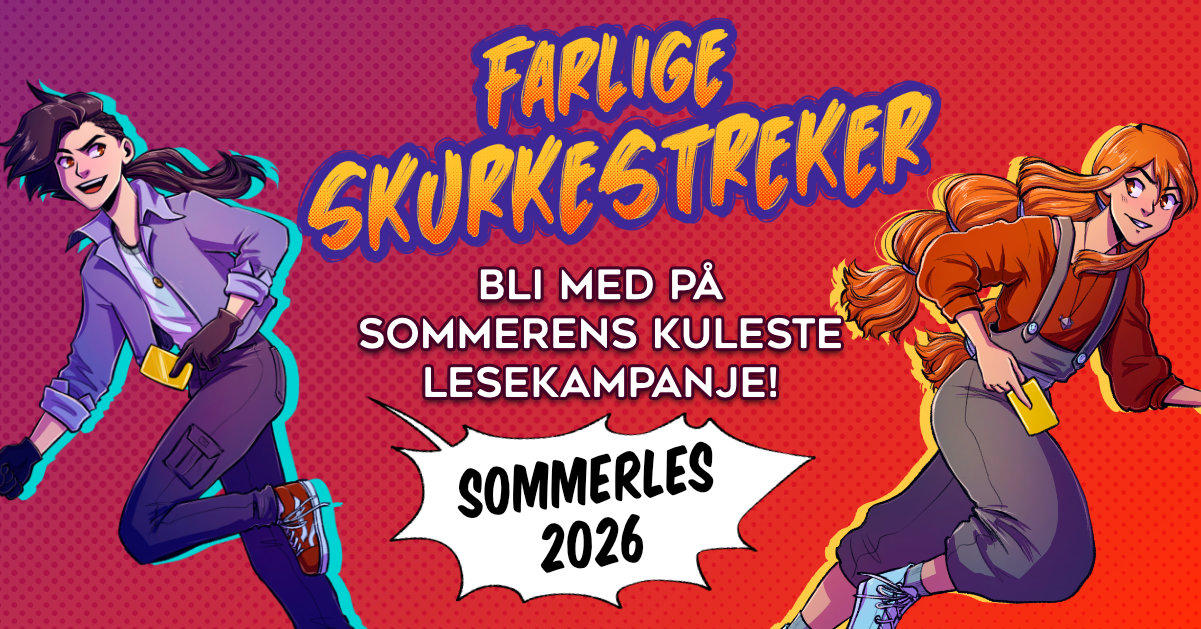 plakat med tekst på røde bakgrunn, tegninger av figurer fra Sommerles