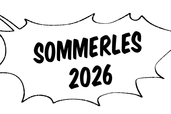 Tegneserie-boble i svart/hvitt med teksten sommerles 2026