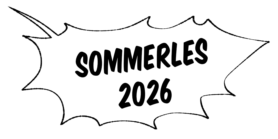 Tegneserie-boble i svart/hvitt med teksten sommerles 2026
