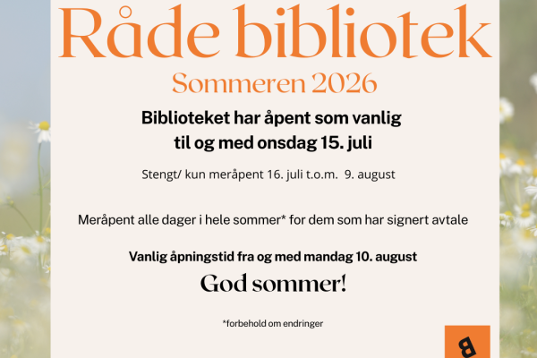 Plakat, Tekst med informasjon om når biblioteket er stengt i sommer, på bakgrunn av bilde av blomstereng og blå himmel