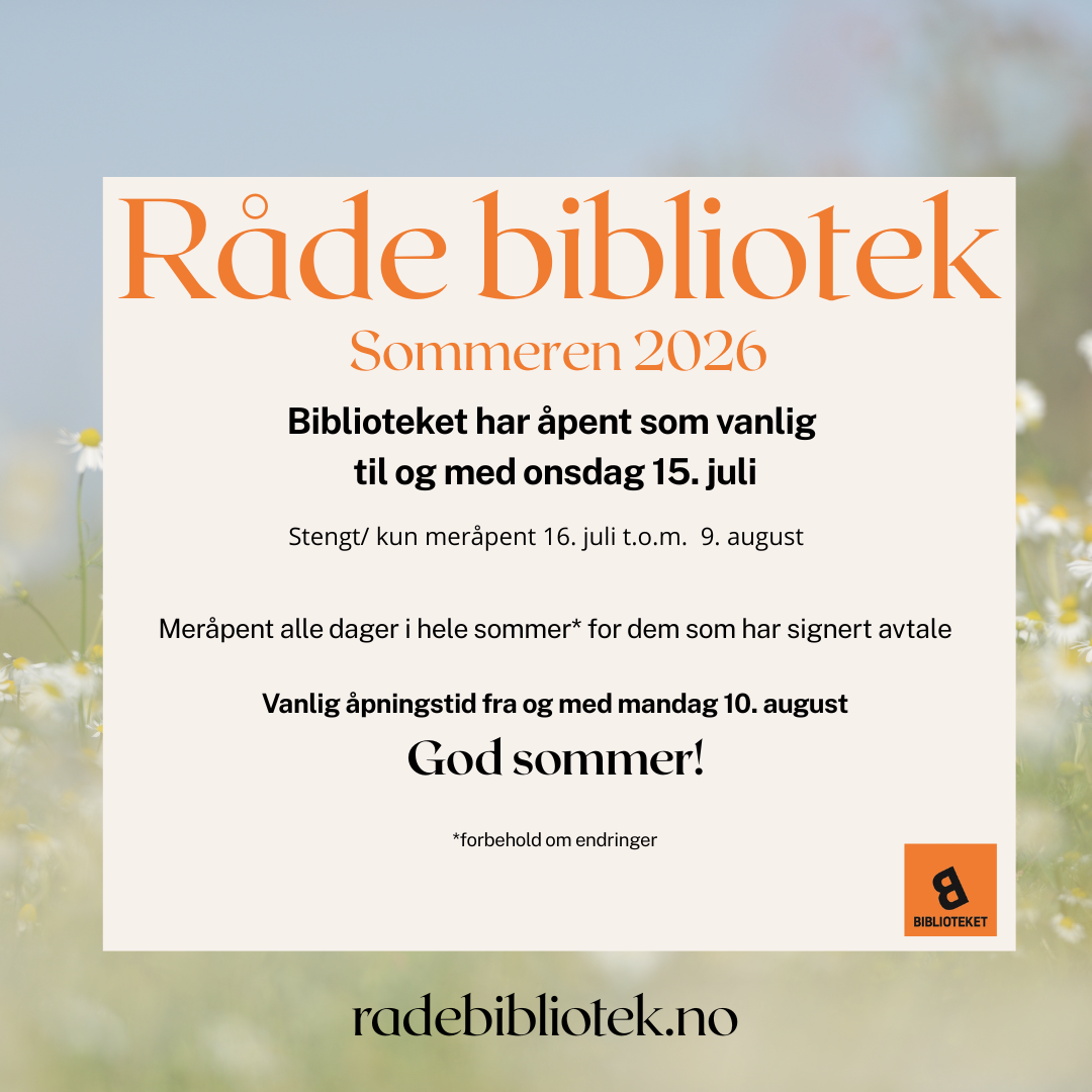 Plakat, Tekst med informasjon om når biblioteket er stengt i sommer, på bakgrunn av bilde av blomstereng og blå himmel