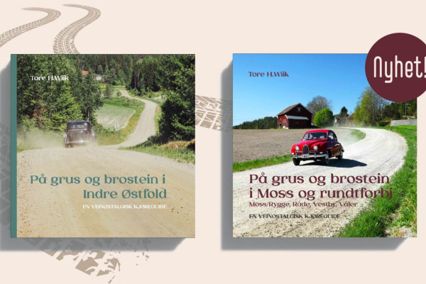 Bilde av bøker på beige bakgrunn. en ene boka er "På grus og brostein i Moss og rundt forbi"