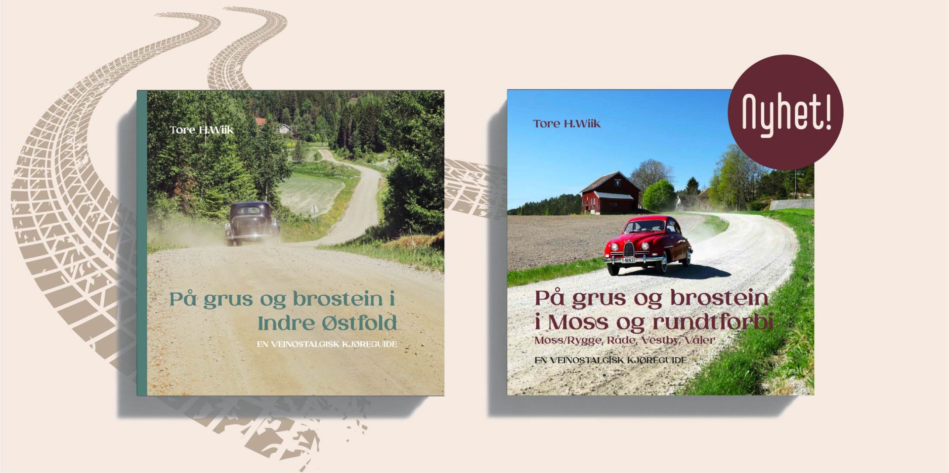 Bilde av bøker på beige bakgrunn. en ene boka er "På grus og brostein i Moss og rundt forbi"